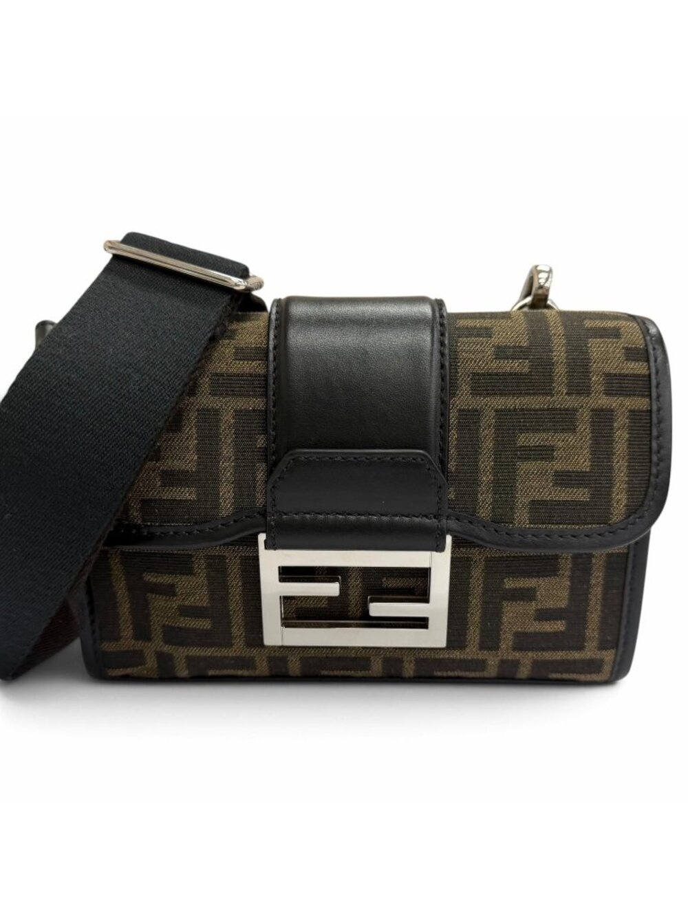 Fendi Canvas Leather Zucca Pattern FF Logo Baguette Double Shoulder Bag Brown